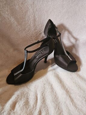 Nina Black Satin T-Strap Heels with Rhinestone Detail